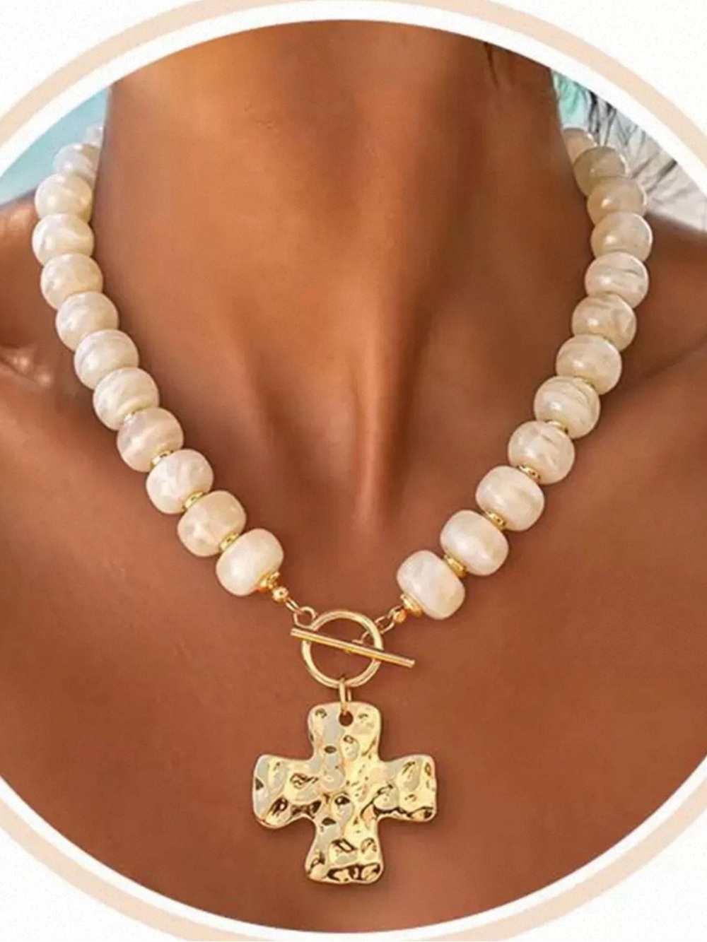 Gold Hammered Cross Beaded Choker Necklace Cream Off-White Beads
